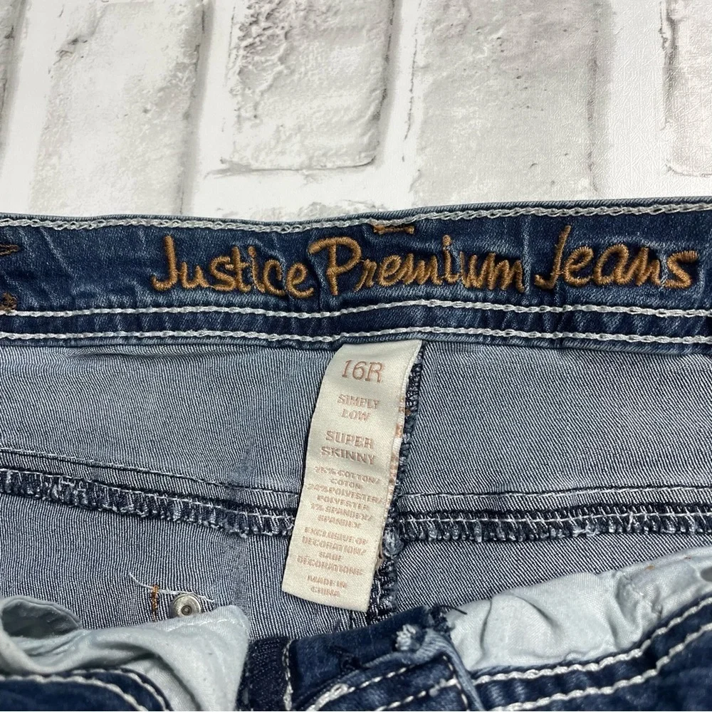 Justice Premium Blue Jeans. Simply low skinny Girls size 16R. Spots. Pre-owned.